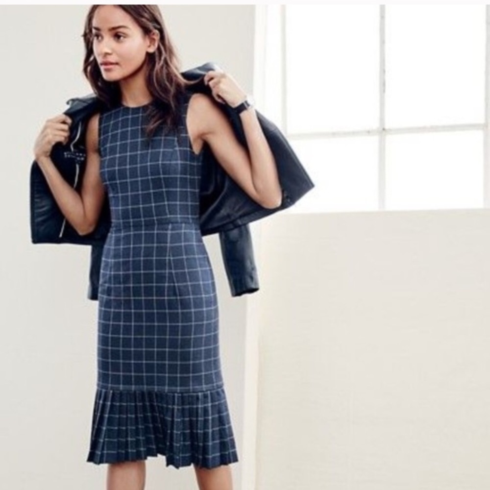 NWT J. Crew Navy Window Pane Pleated Hem Dress Sz 4